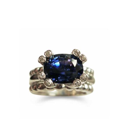 Witgouden 'Halo' 18K Ring met Diepblauwe Saffier