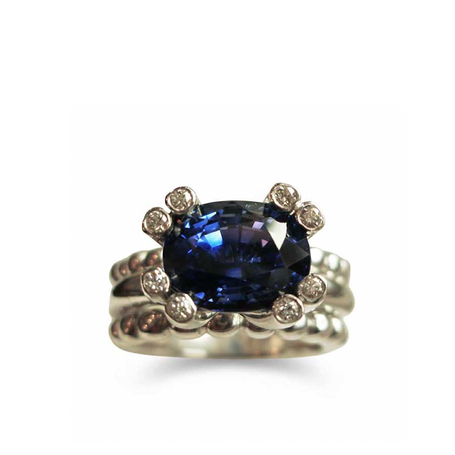 Witgouden 'Halo' 18K Ring met Diepblauwe Saffier